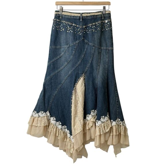 VTG Y2K Boho Fairycore Denim Ruffle Skirt Asymmetrical Lace Beaded Sz S Festival - Picture 2 of 14